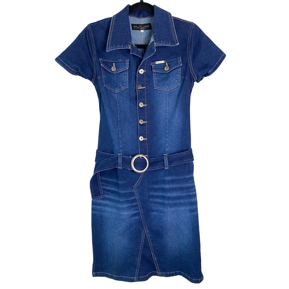 Baby Phat Y2K Denim Mini Dress M Blue Jean Belted‎ Embroidered Cat Fitted Rare